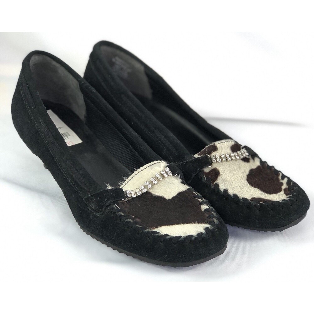 Dr. Scholls Cowhide ￼high Heels 7m Black Suede Kitten Heel Rhinestones Ponyhair